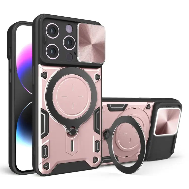 CD Texture Sliding Camshield Magnetic Holder Phone Case - For iPhone 14 / Pink