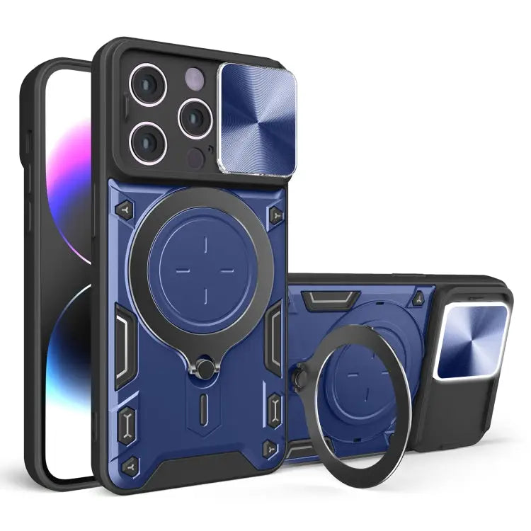 CD Texture Sliding Camshield Magnetic Holder Phone Case - For iPhone 14 Plus / Blue