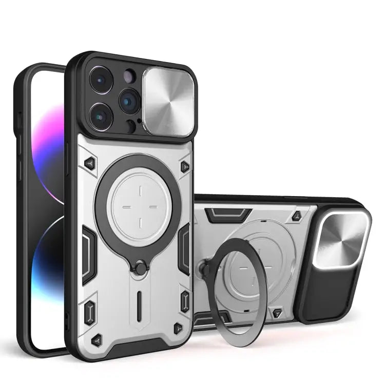 CD Texture Sliding Camshield Magnetic Holder Phone Case - For iPhone 14 Pro Max / Silver