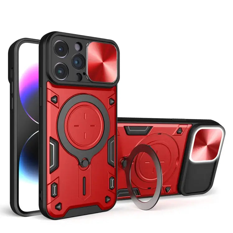 CD Texture Sliding Camshield Magnetic Holder Phone Case - For iPhone 14 Pro Max / Red