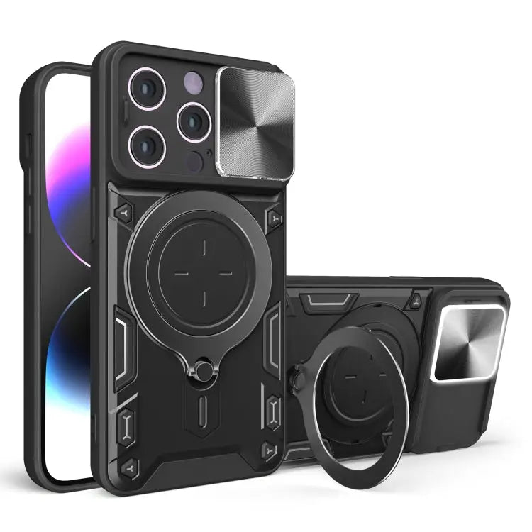CD Texture Sliding Camshield Magnetic Holder Phone Case - For iPhone 14 / Black