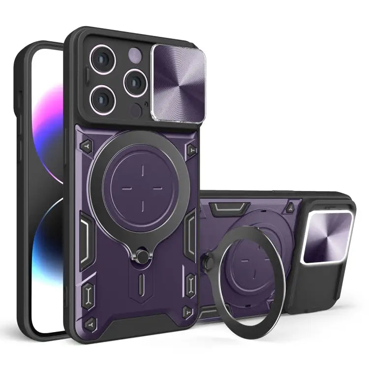 CD Texture Sliding Camshield Magnetic Holder Phone Case - For iPhone 14 Pro / Purple