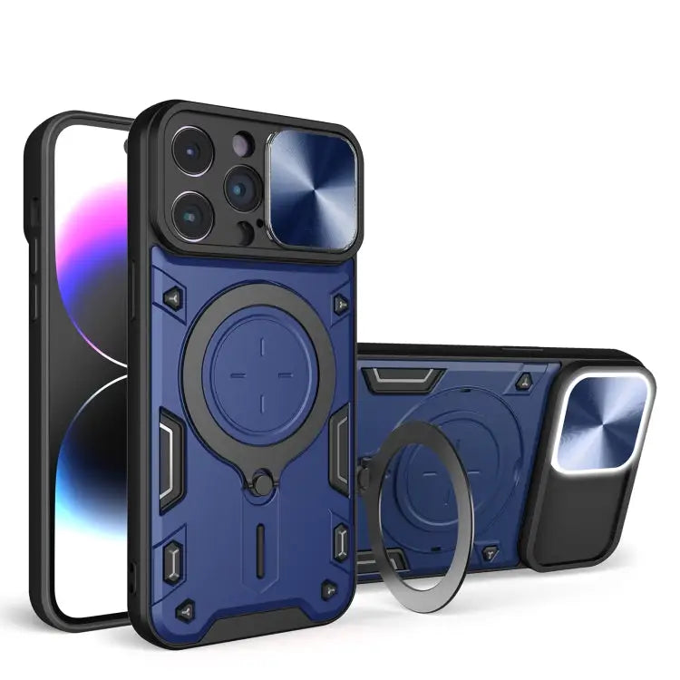 CD Texture Sliding Camshield Magnetic Holder Phone Case - For iPhone 14 Pro Max / Blue