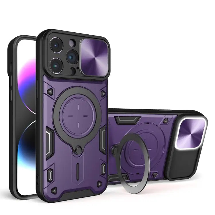 CD Texture Sliding Camshield Magnetic Holder Phone Case - For iPhone 14 Pro Max / Purple