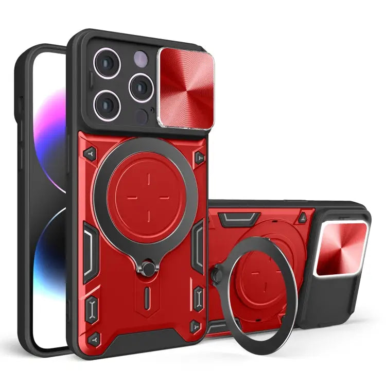 CD Texture Sliding Camshield Magnetic Holder Phone Case - For iPhone 14 / Red