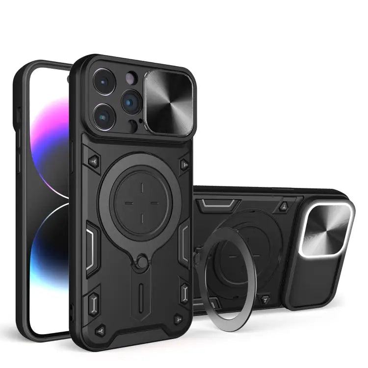 CD Texture Sliding Camshield Magnetic Holder Phone Case - For iPhone 14 Pro Max / Black