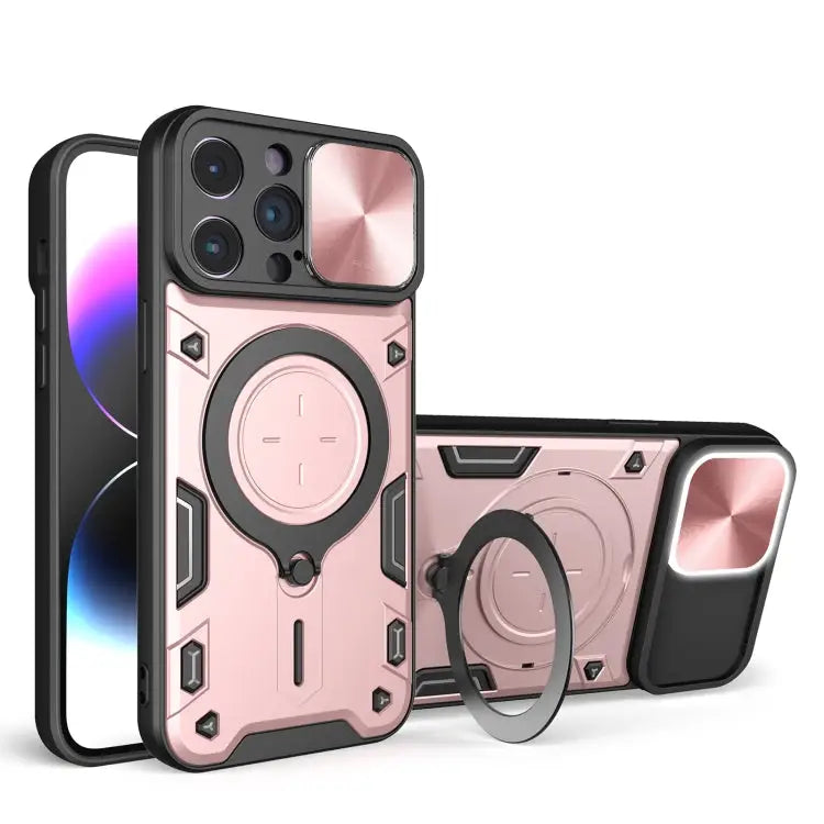 CD Texture Sliding Camshield Magnetic Holder Phone Case - For iPhone 14 Pro Max / Pink