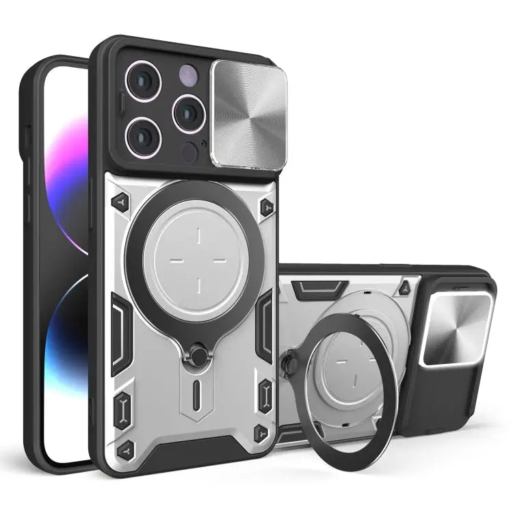 CD Texture Sliding Camshield Magnetic Holder Phone Case - For iPhone 14 Pro / Silver