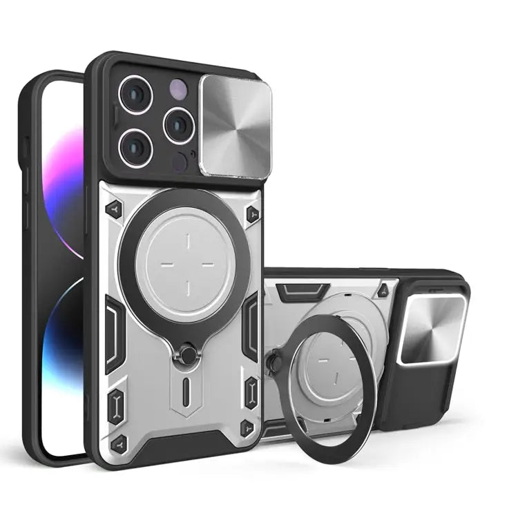 CD Texture Sliding Camshield Magnetic Holder Phone Case - For iPhone 15 Pro Max / Silver