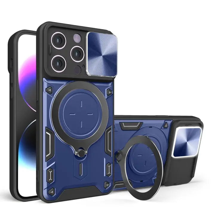 CD Texture Sliding Camshield Magnetic Holder Phone Case - For iPhone 15 Pro / Blue