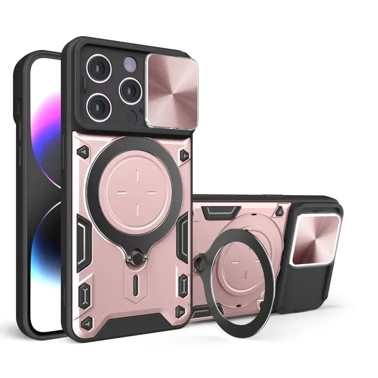 CD Texture Sliding Camshield Magnetic Holder Phone Case - For iPhone 15 Pro / Pink