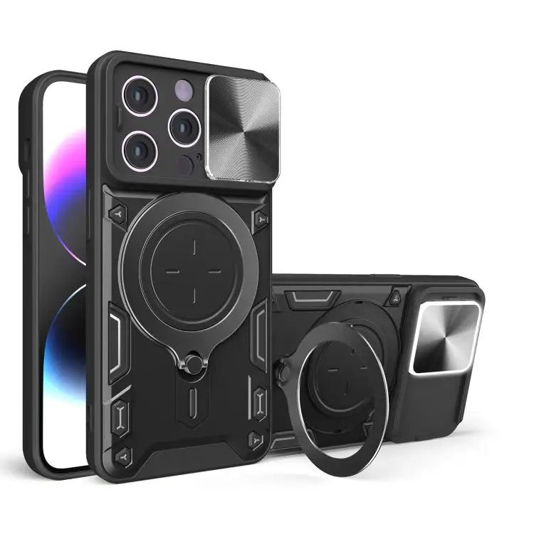 CD Texture Sliding Camshield Magnetic Holder Phone Case - For iPhone 15 Pro / Black