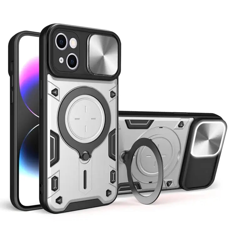CD Texture Sliding Camshield Magnetic Holder Phone Case - For iPhone 15 Plus / Silver