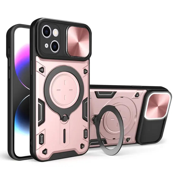 CD Texture Sliding Camshield Magnetic Holder Phone Case - For iPhone 15 Plus / Pink