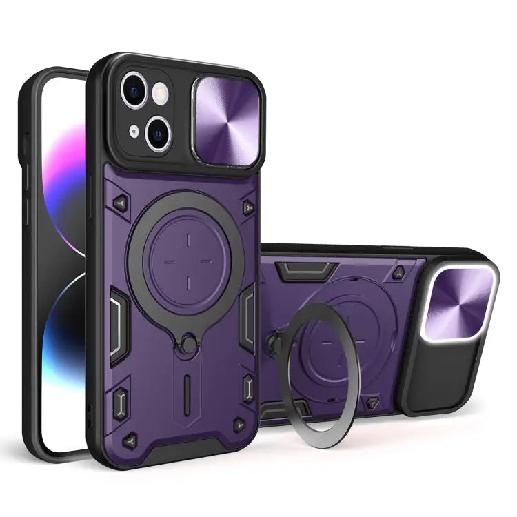 CD Texture Sliding Camshield Magnetic Holder Phone Case - For iPhone 15 / Purple