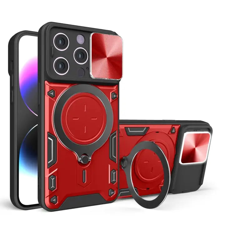CD Texture Sliding Camshield Magnetic Holder Phone Case - For iPhone 15 Pro / Red