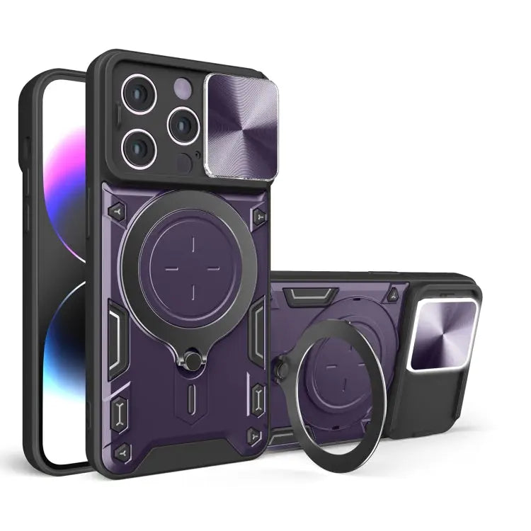 CD Texture Sliding Camshield Magnetic Holder Phone Case - For iPhone 15 Pro Max / Purple