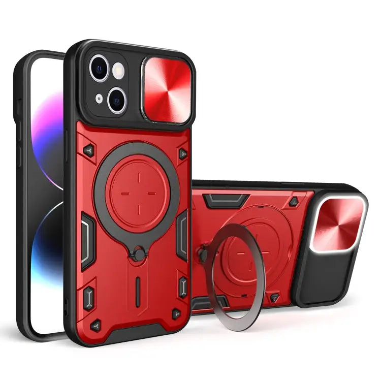 CD Texture Sliding Camshield Magnetic Holder Phone Case - For iPhone 15 Plus / Red