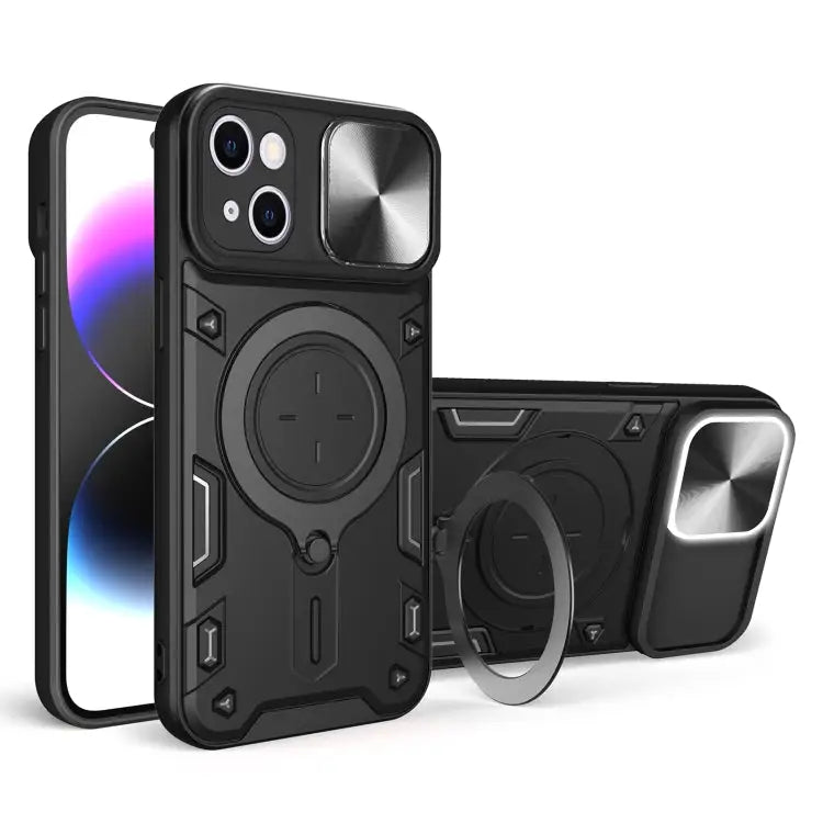 CD Texture Sliding Camshield Magnetic Holder Phone Case - For iPhone 15 / Black