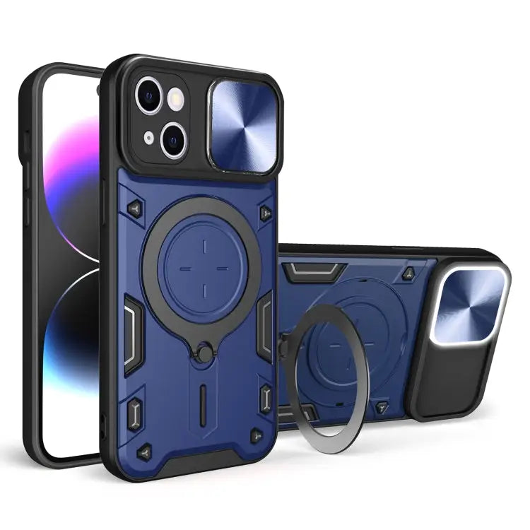 CD Texture Sliding Camshield Magnetic Holder Phone Case - For iPhone 15 Plus / Blue