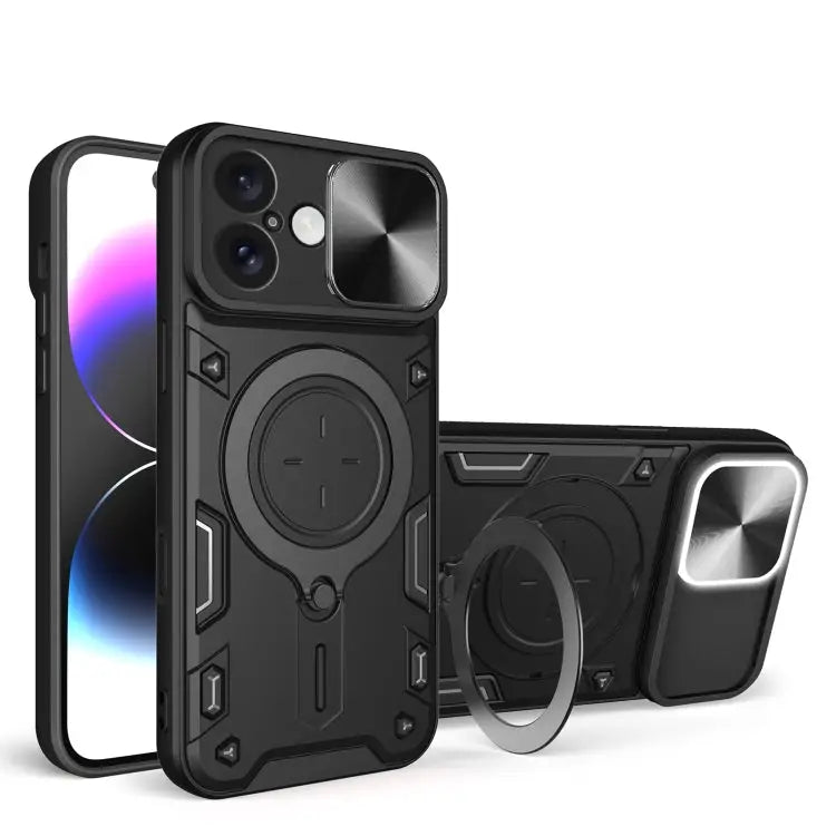 CD Texture Sliding Camshield Magnetic Holder Phone Case - For iPhone 16 / Black