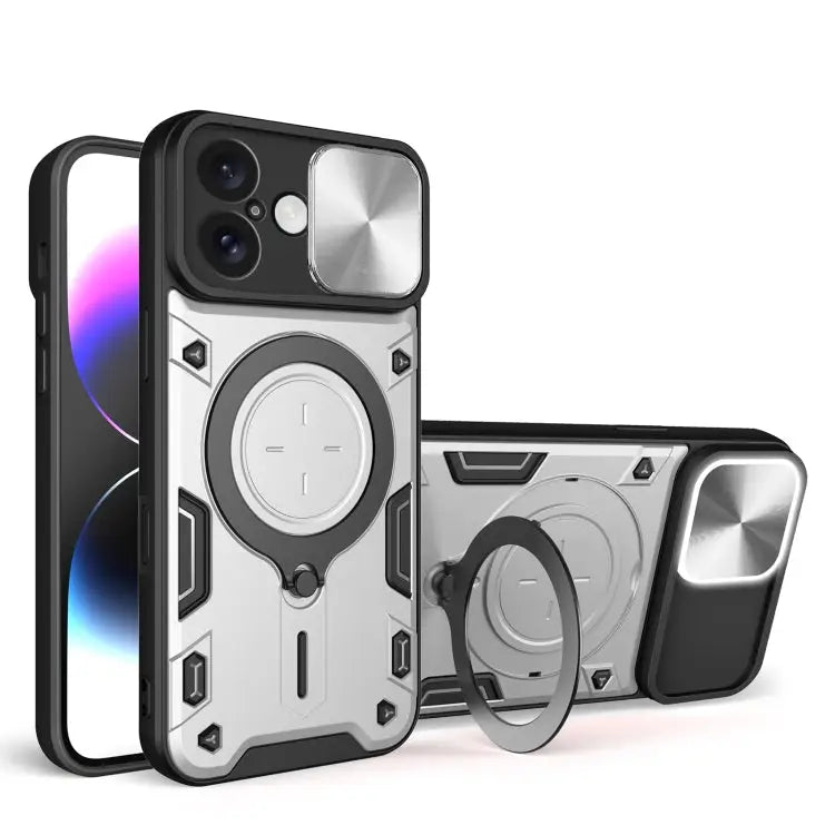 CD Texture Sliding Camshield Magnetic Holder Phone Case - For iPhone 16 / Silver