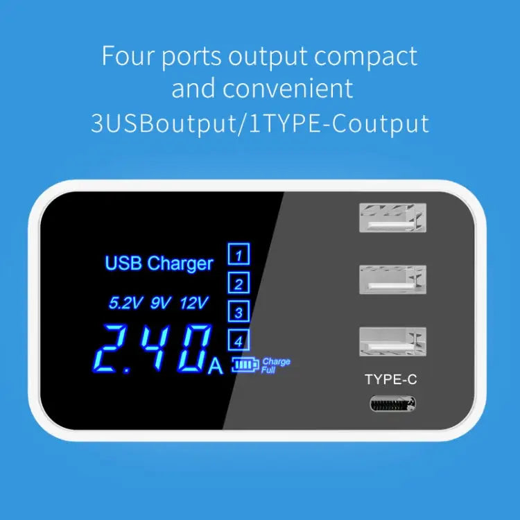 CDA30 20W 3 USB Ports + USB-C / Type-C Ports Multi-function Charger with LED Display US Plug - US Plug