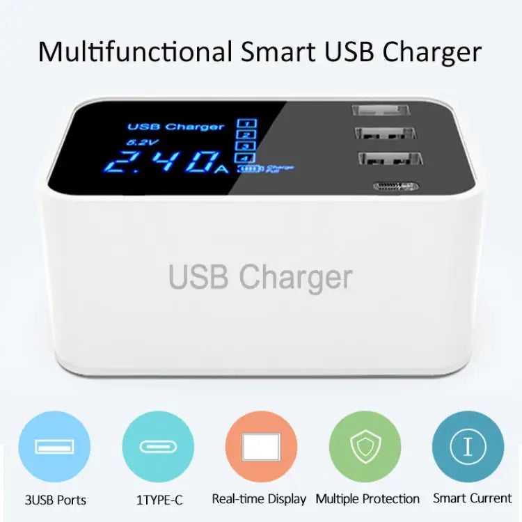 CDA30 20W 3 USB Ports + USB-C / Type-C Ports Multi-function Charger with LED Display UK Plug - UK Plug