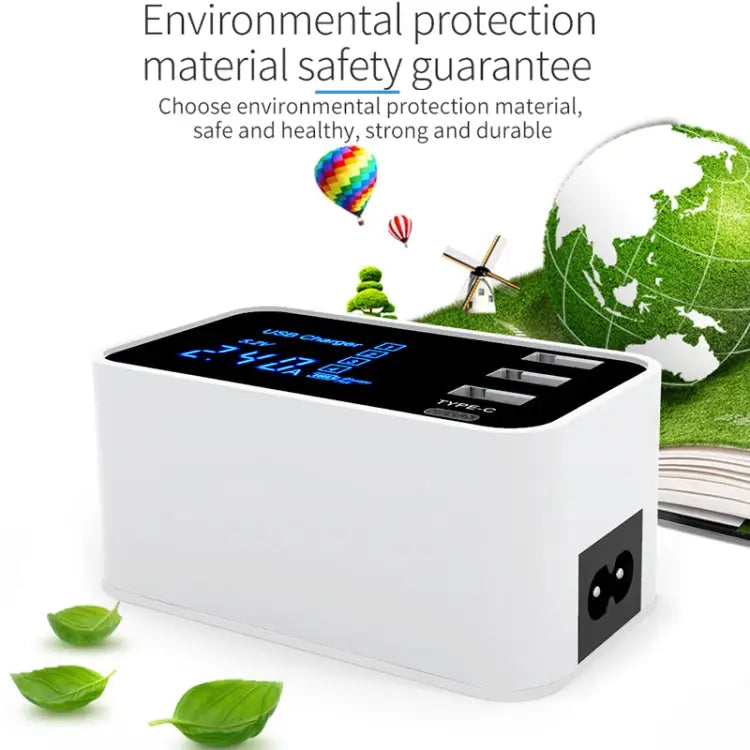 CDA30 20W 3 USB Ports + USB-C / Type-C Ports Multi-function Charger with LED Display US Plug - US Plug