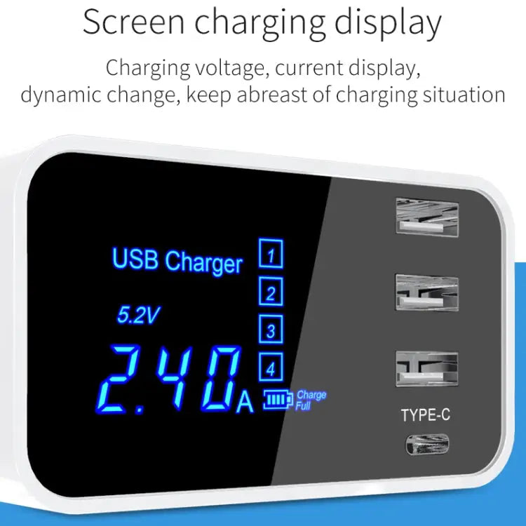 CDA30 20W 3 USB Ports + USB-C / Type-C Ports Multi-function Charger with LED Display UK Plug - UK Plug