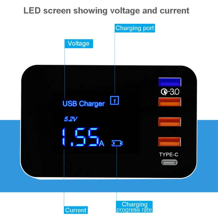 CDA33Q 40W QC 3.0 USB + 3 USB Ports + USB-C / Type-C Ports Multi-function Charger with LED Display EU Plug - EU Plug