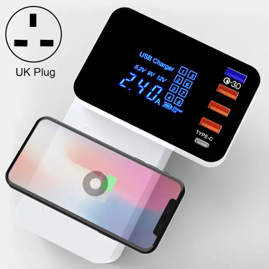 CDA33Q 40W QC 3.0 USB + 3 USB Ports + USB-C / Type-C Ports Multi-function Charger with LED Display UK Plug - UK Plug