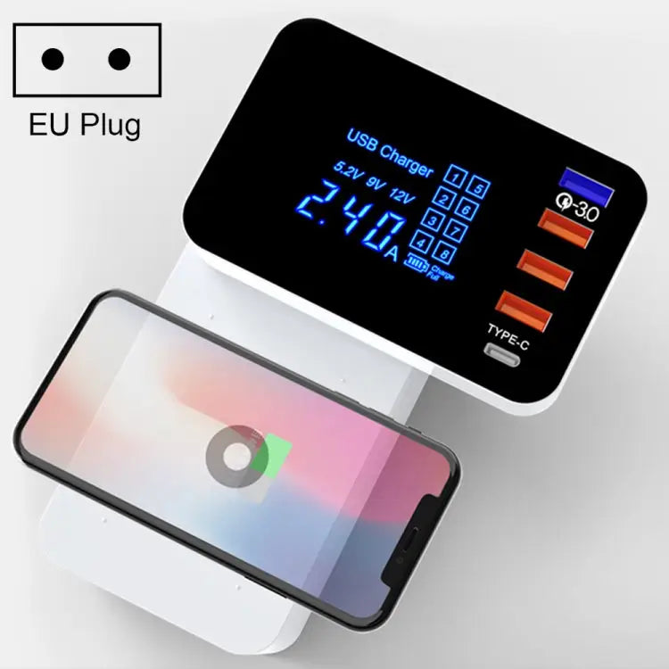 CDA33Q 40W QC 3.0 USB + 3 USB Ports + USB-C / Type-C Ports Multi-function Charger with LED Display EU Plug - EU Plug