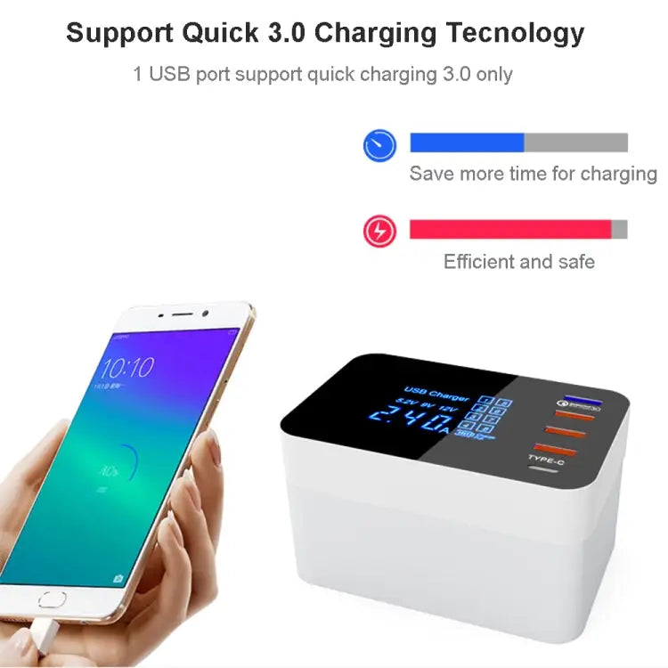 CDA33Q 40W QC 3.0 USB + 3 USB Ports + USB-C / Type-C Ports Multi-function Charger with LED Display EU Plug - EU Plug