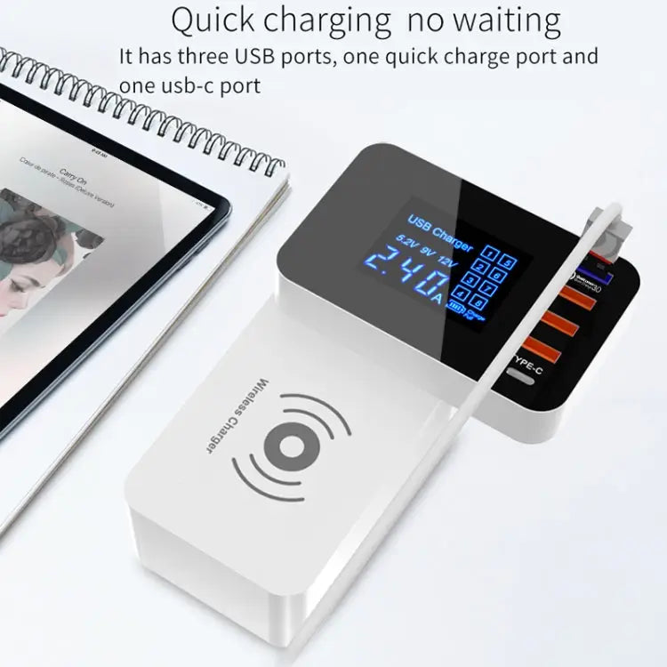 CDA33QW 40W QC 3.0 USB Ports + 3 USB Ports + USB-C / Type-C Ports + Wireless Charging Multi-function Foldable Charger