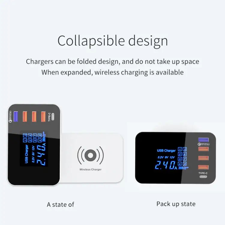 CDA33QW 40W QC 3.0 USB Ports + 3 USB Ports + USB-C / Type-C Ports + Wireless Charging Multi-function Foldable Charger