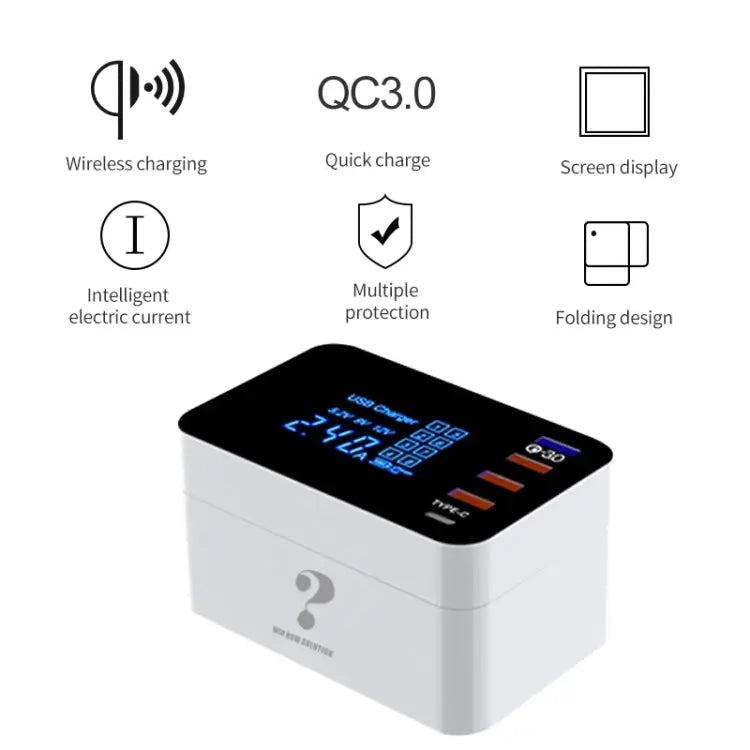 CDA33QW 40W QC 3.0 USB Ports + 3 USB Ports + USB-C / Type-C Ports + Wireless Charging Multi-function Foldable Charger