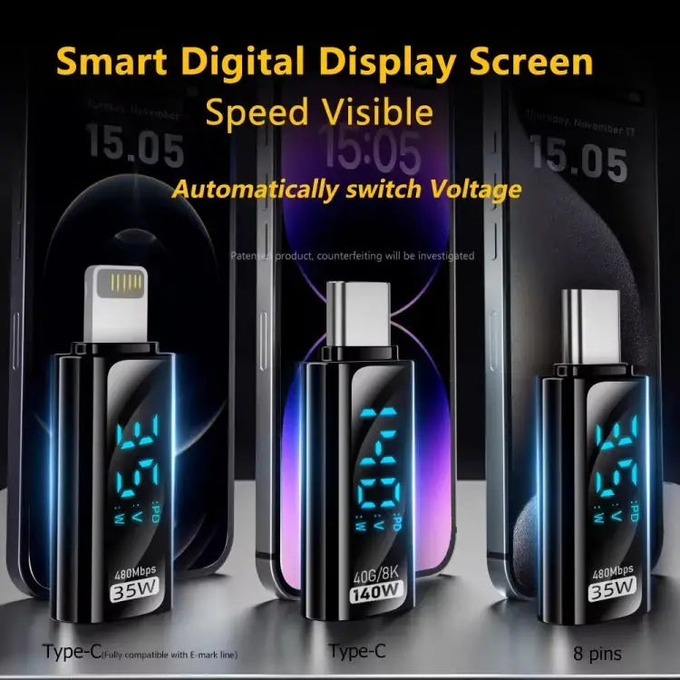 Charging Adapter with Digital Display 8 Pin Male to Type-C Female 35W Type-C Male to 8 Pin Female 35W Type-C Male