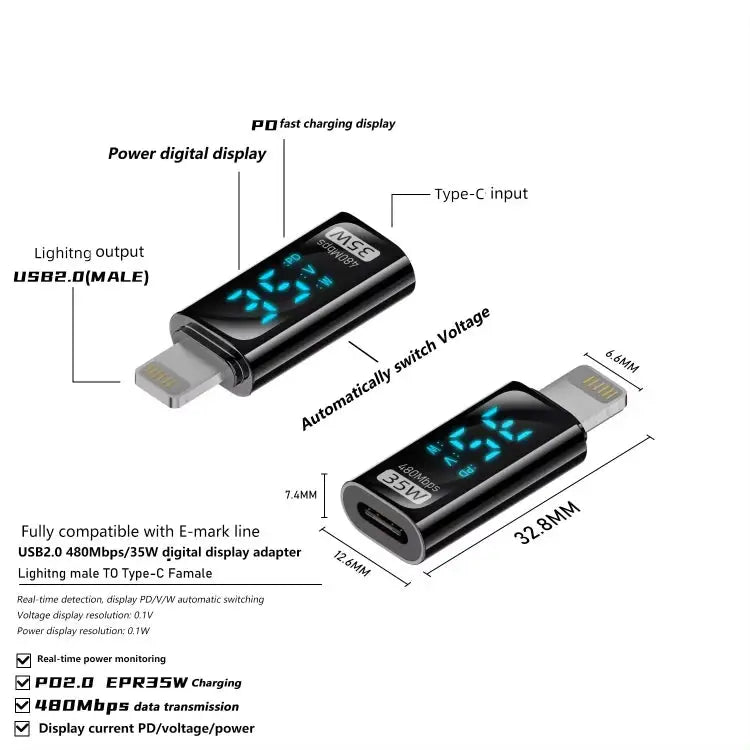 Charging Adapter with Digital Display 8 Pin Male to Type-C Female 35W Type-C Male to 8 Pin Female 35W Type-C Male