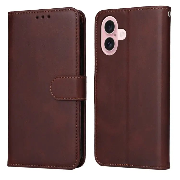 Classic Calf Texture Flip Leather Phone Case For iPhone 16 - For iPhone 16 / Brown - Apple Accessories