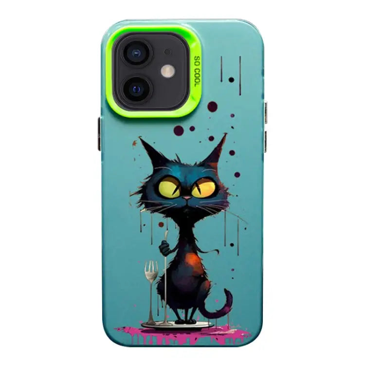 Color Ink Frosted PC + TPU Phone Case For iPhone 12 - For iPhone 12 / Black Cat - Apple Accessories