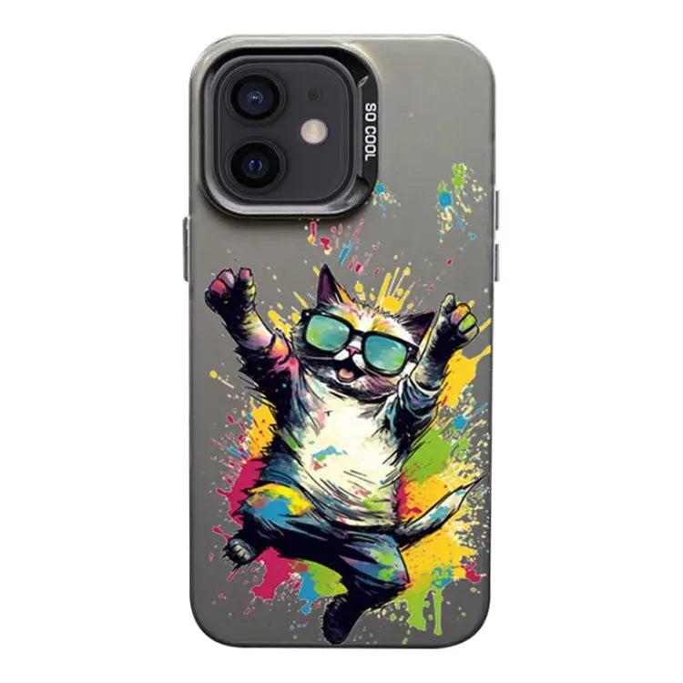 Color Ink Frosted PC + TPU Phone Case For iPhone 12 - For iPhone 12 / Glasses Cat - Apple Accessories