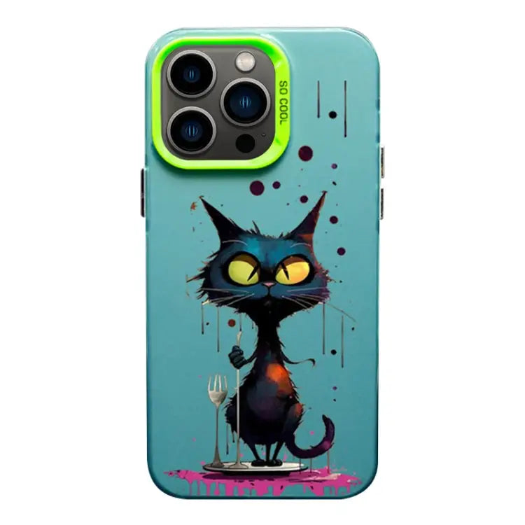 Color Ink Frosted PC + TPU Phone Case For iPhone 13 Pro Max - For iPhone 13 Pro Max / Black Cat - Apple Accessories