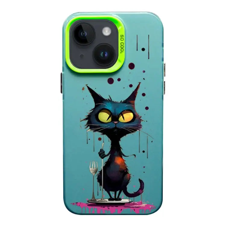 Color Ink Frosted PC + TPU Phone Case For iPhone 14 Plus - For iPhone 14 Plus / Black Cat - Apple Accessories
