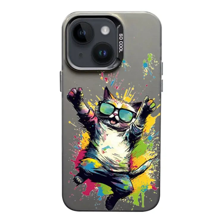 Color Ink Frosted PC + TPU Phone Case For iPhone 14 Plus - For iPhone 14 Plus / Glasses Cat - Apple Accessories