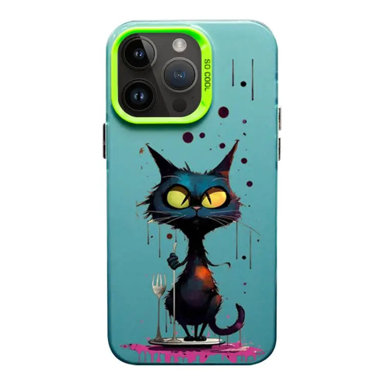Color Ink Frosted PC + TPU Phone Case For iPhone 14 Pro - For iPhone 14 Pro / Black Cat - Apple Accessories