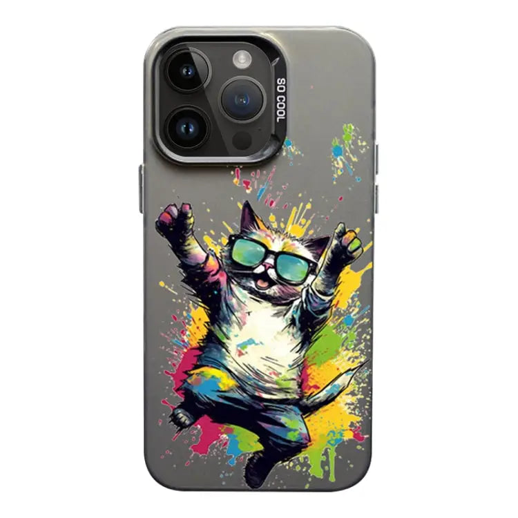 Color Ink Frosted PC + TPU Phone Case For iPhone 14 Pro Max - For iPhone 14 Pro Max / Glasses Cat - Apple Accessories