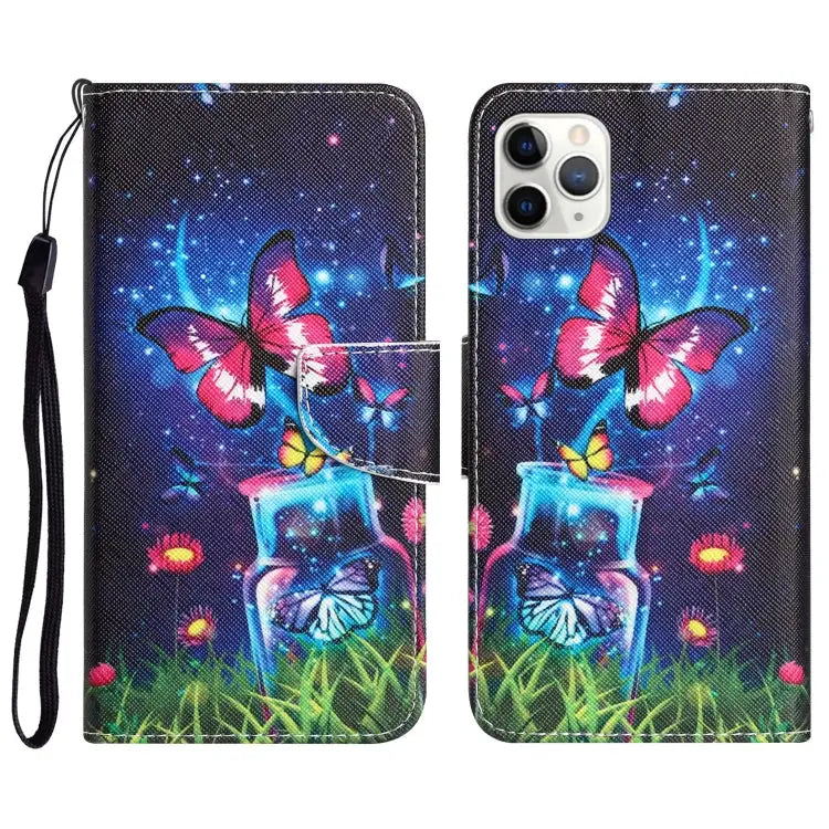 Colored Drawing Leather Phone Case For iPhone 11 Pro - For iPhone 11 Pro / Bottle Butterfly - Apple Accessories