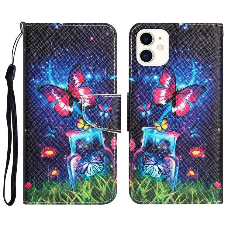 Colored Drawing Leather Phone Case For iPhone 12 mini - For iPhone 12 mini / Bottle Butterfly - Apple Accessories