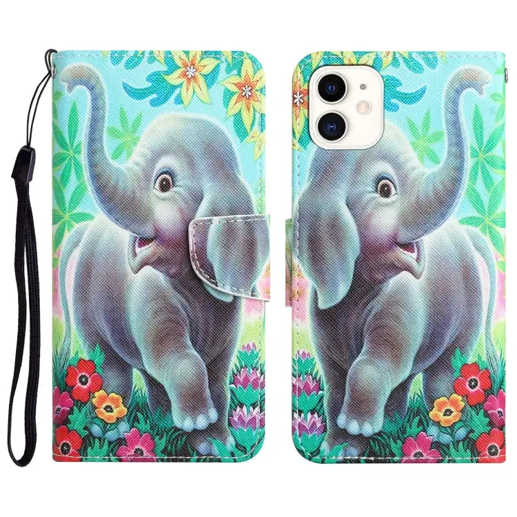 Colored Drawing Leather Phone Case For iPhone 12 mini - For iPhone 12 mini / Elephant - Apple Accessories